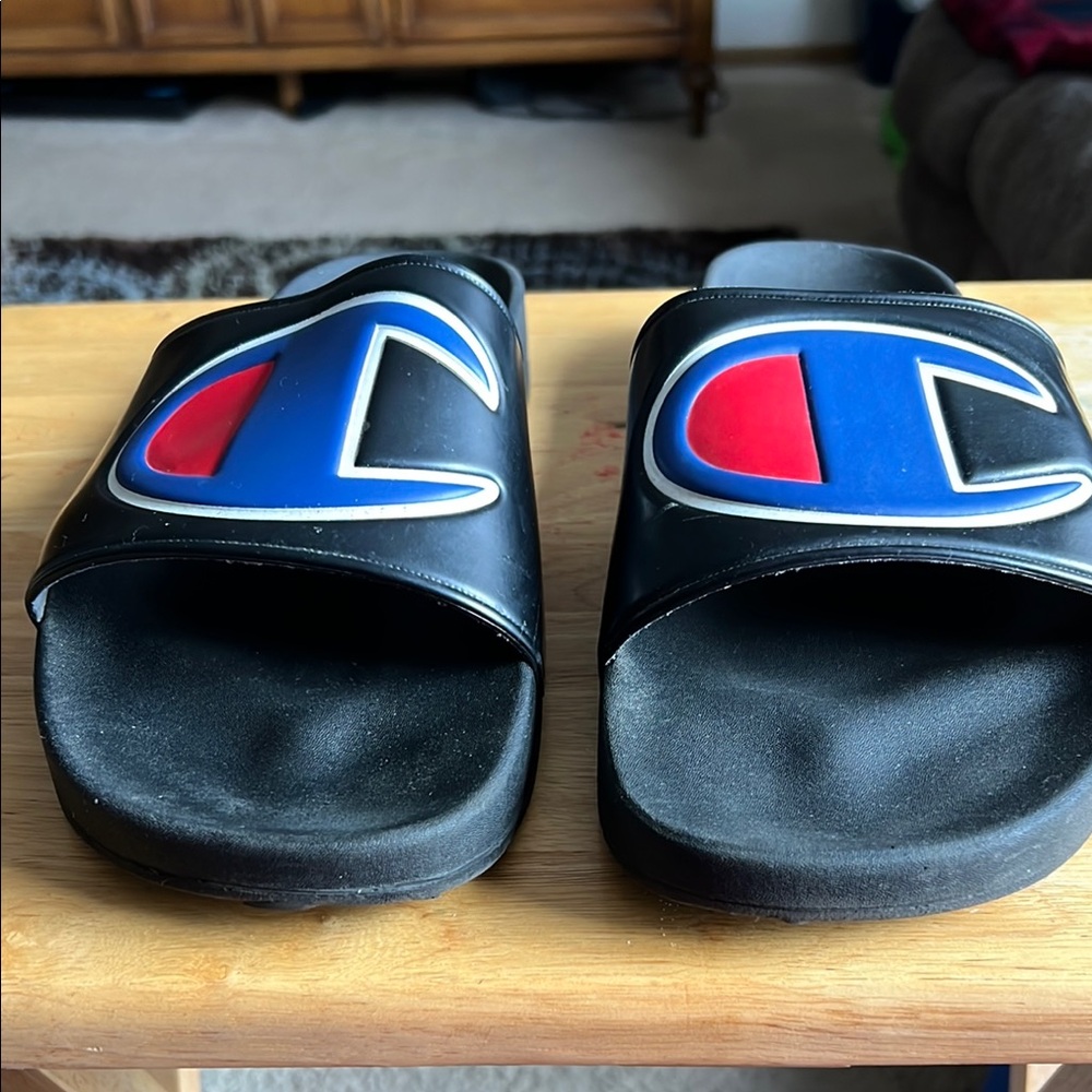 Champion Black Slides with Blue and Red Logo size 14